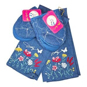 NEW Dolly Parton Denim Kitchen Towels & Mini Oven Mitts Floral Butterfly Set